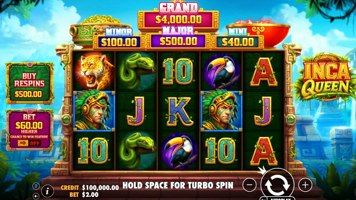 Interface do slot Inca Queen com símbolos de moedas e elementos da civilização inca