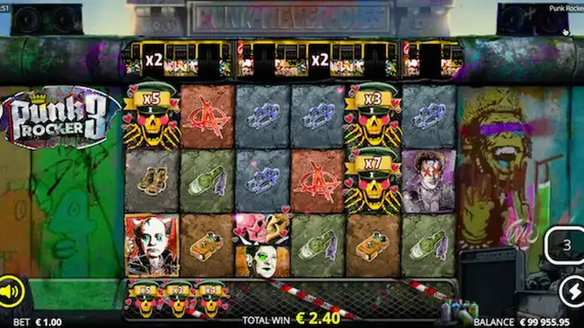 Interface do slot Punk Rocker 3 com estética de Berlim
